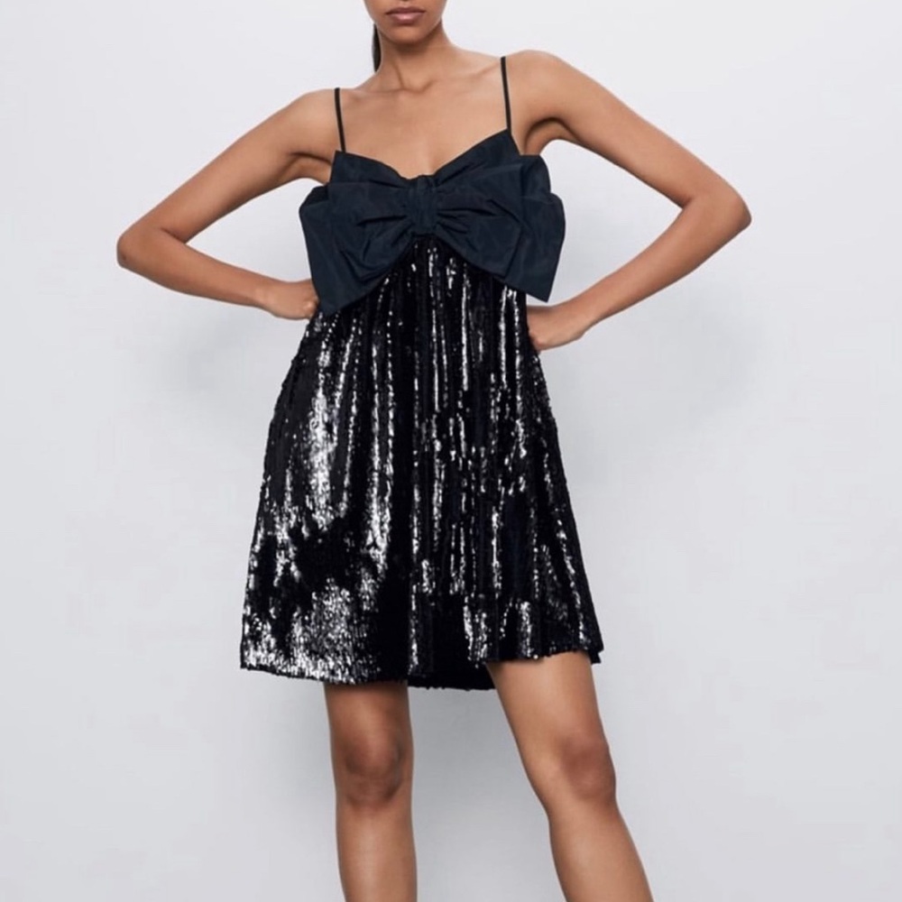 Black sequin front bow Zara mini dress